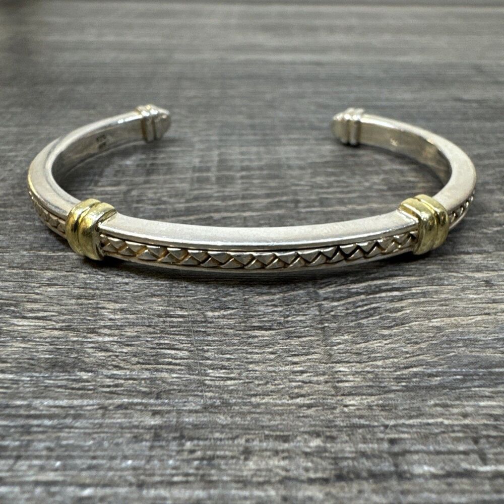Scott Kay 925 Sterling  & 18K Gold Basket Weave  Statement Cuff Bracelet Vtg 750